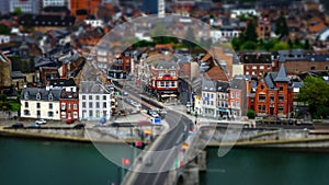 Tilt-shift panoramic aerial view of Namur, spring day