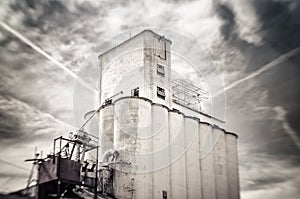 Tilt shift photo of old obsolete flour grain silo, Mesa, Arizona