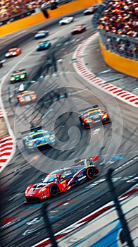 Tilt-shift photography freezes a moment in a sports car race, highlighting the energy of the competitive event.