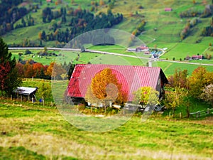 Tilt shift picture of a house with red roof