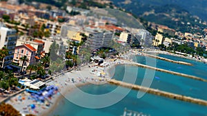 Tilt-shift view of the beach in Menton, France