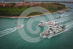 Tilt shitf effect of ferry, vaporetto and motorboat in the Canal Grande, Venice