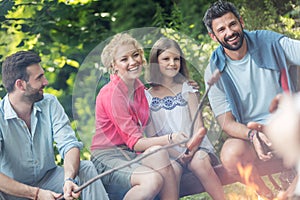 Tilt shot of smiling family with male friend roasting sausages over campfire at park