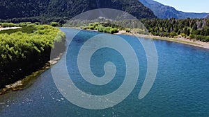 Tilt up and forward movement above the Futaleufu river, Chile. Aerial footage.