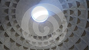 Tilt up shot Oculus at Top of Dome of Pantheon, one of Best-Preserved of all Ancient Roman Buildings. Roof this concrete