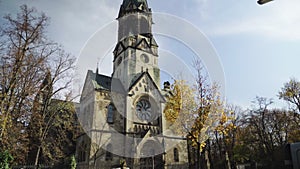 Tilt up from street and entrance of Johannes-Basilika or Basilica of St. John the Baptist in Neukoelln, Berlin