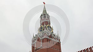 Tilt up view of Spasskaya Tower of Kremlin, Moscow, Russia, cloudy day