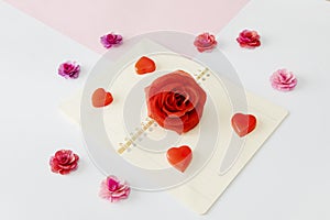 Tilted aerial view of a rose and decorations