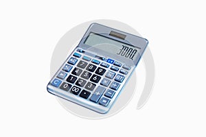 Tilted Black, grey digital calculator Isolated on white background.