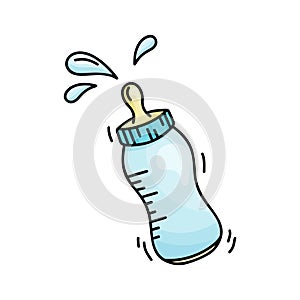 Tilted blue baby bottle with pacifier and flying milk drops. Cartoon doodle icon on white background. Isolated symbol of newborn