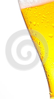 Tilted glass of fresh beer and drops on white
