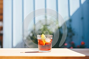 tilted glass of negroni against a sunny terrace backdrop