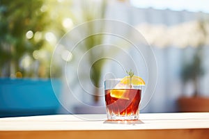 tilted glass of negroni against a sunny terrace backdrop