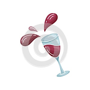 Tilted glass with wine and flying splashes. Cutout flat image. Hand drawn vector drink concept. Color illustration of red wine.