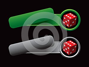 Tilted green and gray banners with red dice