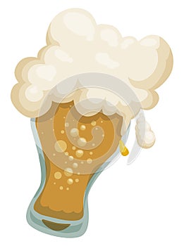 Tilted pilsner glass with beer, spilling drop and foam, Vector illustration