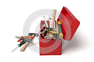 Tilted red toolbox with tools falling out