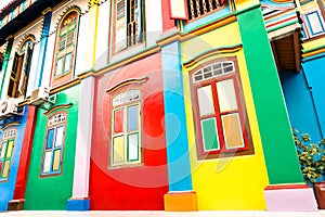 Tilted view of colorful houses in Little India of Singapore