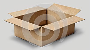 Tilted view of an open cardboard box on a neutral background.