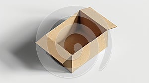 Tilted view of an open cardboard box on a neutral background.