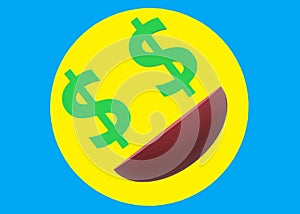 A tilted yellow smiley emoticon of a smiling money eyed face light blue turquoise backdrop