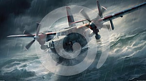 Tiltrotor Aircraft In A Storm Ocean. Generative AI