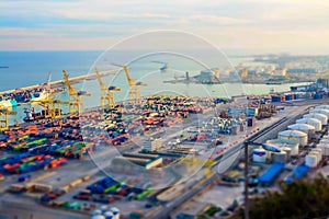 Tiltshift Harbor of Barcelona, Catalonia, Spain.