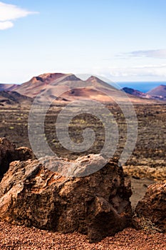 Timanfya rock with crater background on Lanzarote Island