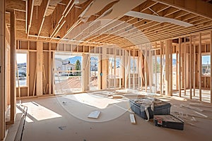 Timber build residential housing construction wood new development architecture wooden framing home unfinished