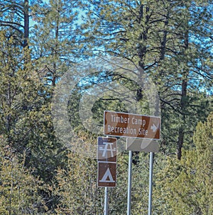 Timber Camp Recreational Site Sign. Camping and Picnicking allowed. Globe, Tonto National Forest, Arizona USA