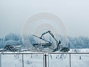 Timber carrier loads logs in the north of Russia