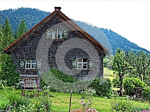 Timber cottage with cultivated yard in green landscape