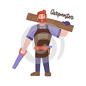 Timber Frame House Construction Worker. Handsome carpenter On Framing A Building. Isolated Flat vector Cartoon Character