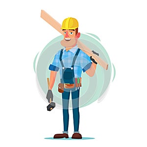 Timber Frame House Construction Worker Vector. Construction Worker On Framing A Building. Isolated Flat Cartoon