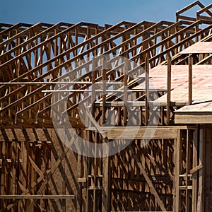 Timber Frame House with OSB Sheathing. Timber Frame House. New Timber Frame house construction framing beam framework