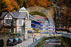 Timber framing building of hotel Prague in small town near to the German border, Hrensko, Bohemian Switzerland National Park,