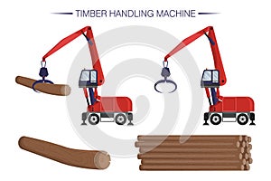Timber handling machine. Wheel reloader. Flat vector