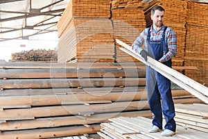 Timber harvesting for construction. Carpenter stacks boards. Industrial background. Authentic workflow