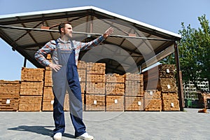 Timber harvesting for construction. Carpenter stacks boards. Industrial background. Authentic workflow.