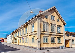 Timber houses alongside a narrow street at Nora, Sweden