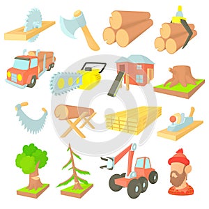 Timber industry icons set, cartoon ctyle