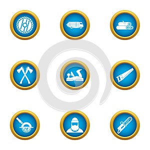 Timber industry icons set, flat style