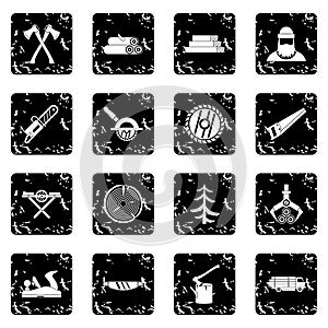 Timber industry set icons, grunge style