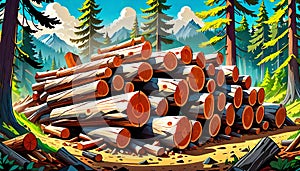 Timber logging camp work log stack forest forestry cartoon