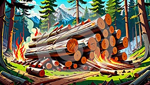 Timber logging work log stack forest fire burning destruction cartoon