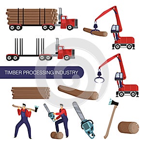 Timber processing industry. Special equipment and workers. Icon set