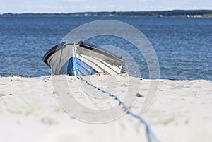 Timber rowboat on sand