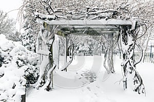 Timber trellis arch covered in snow during winter