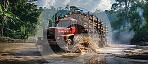 Timber truck carrying firewood in the jungle. Splashes, dirt, branches, stones. Off-road. Generative ai. Jungle. Heat