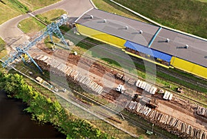 Timber truck unloading a cut trees in at woodworking plant. Transportation raw timber from felling site. Gantry crane loads logs